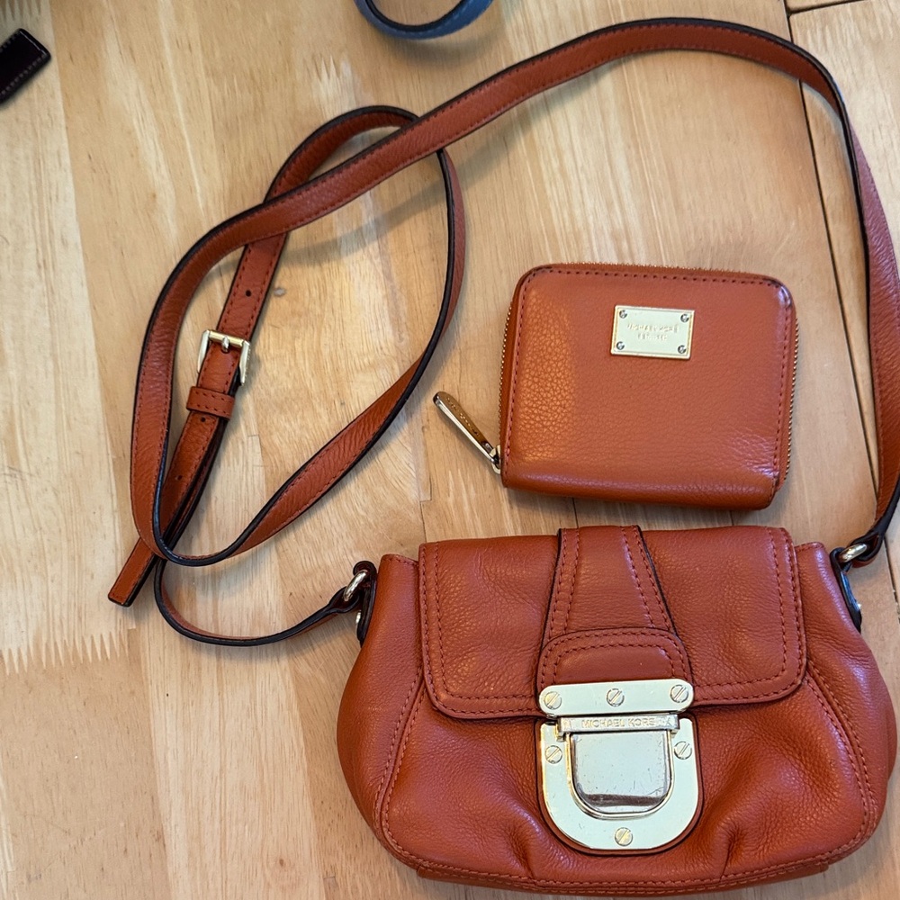 Michael Kors Burnt Orange Leather Crossbody with Matching Wallet Set